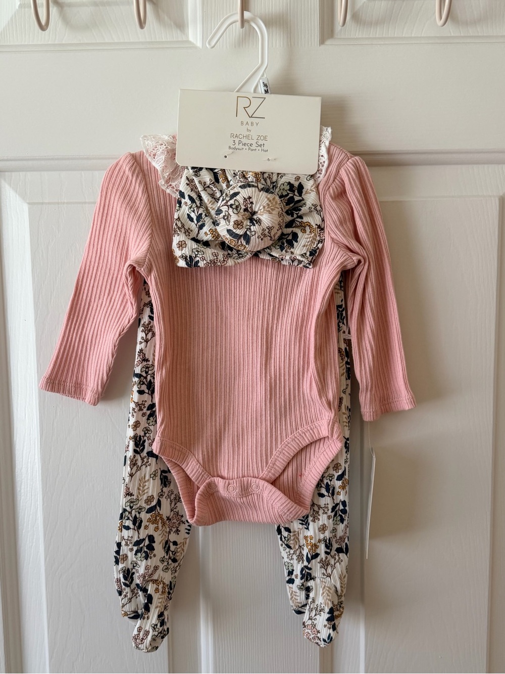 Rachel Zoe Pink Ribbed Bodysuit with Floral Pants & Headband